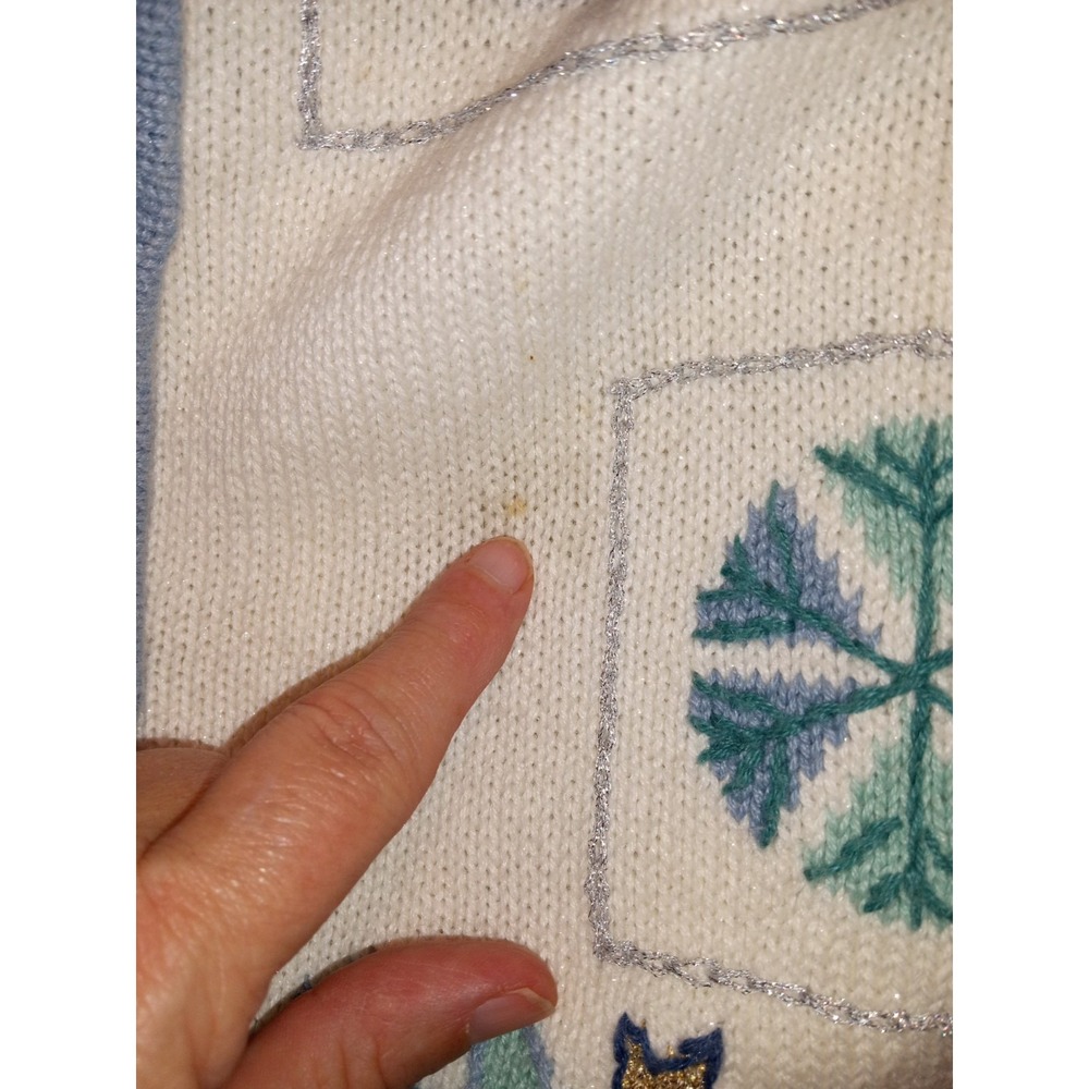 Vintage Winter Wonderland Embroidered Cardigan Sweater Blue Cream Christmas L - Picture 14 of 15